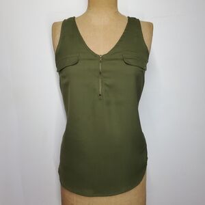 Fashion Web Size M Tank Top Army Green Chiffon V Neck Faux Pockets Zip Flowing